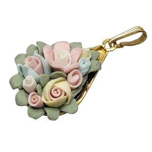 Porcelain Rose Pendant Multicolor China Flower & Leaf Bouquet Gold Tone Setting